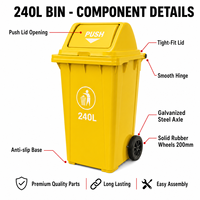 Conteneur à déchets alimentaires commercial en plastique HDPE écologique de 240 L, robuste, avec couvercles, frein de roue et drain