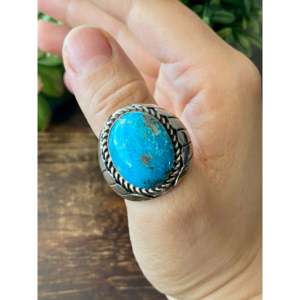 Bague Tony Yazzie Kingman en turquoise et platine, délicate, en argent sterling, pierre naturelle à coupe lisse, taille 11.25, rhodiée, pour usage quotidien - Product Image 2