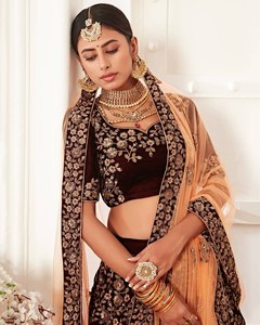 Deep Maroon Premium Bridal Dupatta Lourd Brodé Velours Lehenga pour Bollywood Indien Pakistanais Mariages Fabriqué À La Main De Luxe - Product Image 2