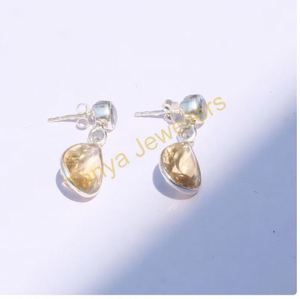 Pendientes de Plata de Ley 925 con Citrino Amarillo y Topacio Azul Tallados a Mano, Pendientes Colgantes de Citrino - Product Image 5