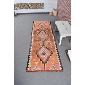 Alfombra Turca Vintage de 3x8.7 pies, Alfombra de Pasillo, Alfombra de Lana Naranja Kilim - Product Image 1