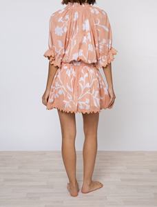 Autumn Floral Bohemian Mini Dress with Scalloped Neckline Large White Flower Print Chiffon Adjustable Waist Tie <b>Slip</b> Included - Product Image 2