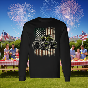 Maglietta a maniche lunghe Monster Trucks con bandiera USA per il 4 luglio, maglietta promozionale per il 4 luglio - Product Image 3