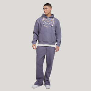 Survêtement évasé 100% coton sérigraphie Logo pantalon empilé et pull à capuche ensemble pour hommes - Product Image 1