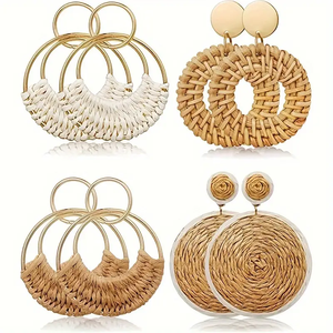 TienPhong Wholesale Bohemian Style Woven Rattan Hoop Earrings - Perfect for Everyday and Vacation Wear for Women Ruby - Product Image 1