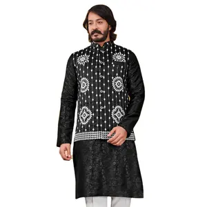 IEid Special Indian Designer Partywear Ethnic Traditional silk Mirror and Lakhnavi embroidery work Kurta pajama For men