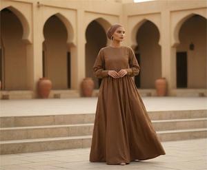 Nouvelle robe islamique pour femmes, abaya longue à manches longues, couleur unie, modeste, pour les fêtes, écologique, lavable, col bateau, maxi - Product Image 1