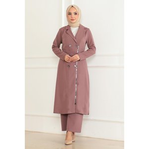 Ensemble décontracté rose poudré MSW19219-3 avec fermeture éclair, hauts à capuche à détails boutonnés, en tricot rayé uni, taille XL, longueur mi-cuisse, pour l'automne - Product Image 1