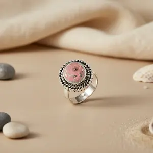 925 Silver Statement <b>Ring</b> <b>for</b> <b>Women</b> Pink Gemstone Bezel <b>Set</b> Brass Hand-Shape Design Free Size Licensed Private Brand 'IS' Box - Product Image 2