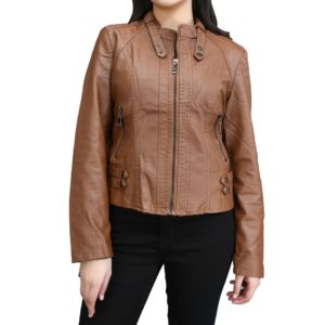 2024แจ็คเก็ตหนัง PU เข้ารูปคอตั้งสำหรับผู้หญิง, เสื้อโค้ทหนังปกซิปแขนยาวเสื้อแจ็คเก็ตลำลอง PU เย็นฤดูใบไม้ผลิฤดูใบไม้ร่วง - Product Image 1