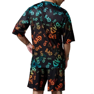 Men's Black Sublimation Printed <b>BAD</b> Letter Pattern Quick Dry Polyester Casual Summer Shorts Set Crew Neck Knitted Fabric - Product Image 6