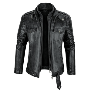 Chaqueta de moto de piel sintética marrón para hombre de calidad superior abrigo de bombardero de cuello de pie de doble capa extraíble - Product Image 5