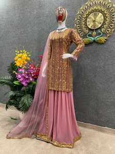 Indian Embroidery Work Readymade 3-Pcs Set Pakistani Designer Ethnic Wear Georgette <b>Fabric</b> Sharara Gharara Kurti Stitched - Product Image 5