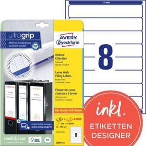"Avery Zweckform Ultragrip Self-Adhesive <b>File</b> Folder Accessory 34 X 192mm White Narrow/Short Binder Spine Label Finger Hole 240 - Product Image 1