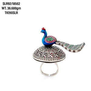 แหวน925เคลือบสีเงินแบบปรับได้สำหรับผู้หญิงทำมือศิลปะนกยูงอินเดียวินเทจเครื่องประดับ - Product Image 2