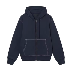 Sweat-shirt zippé épais à double couche coutures contrastées 100% coton sweats à capuche à double fermeture éclair avec logo personnalisé - Product Image 3