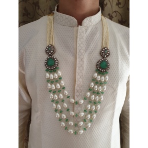 Collier de marié royal indien pour mariage Sherwani traditionnel pierre verte et perle bijoux en couches Dulha Mala - Product Image 1