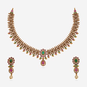Antique Short Necklace 186398 Elegant and Timeless <b>Wedding</b> <b>Accessory</b> with Flower Shape Bezel Setting Zinc Alloy - Product Image 1