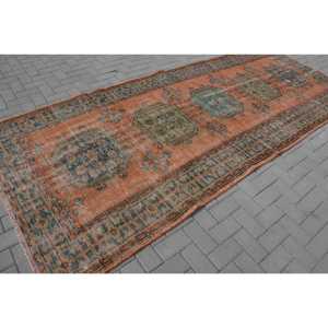 Alfombra Vintage de 4.8x11.8 pies, Alfombra Turca Grande, Alfombra de Lana con Diseño Floral Naranja - Product Image 2