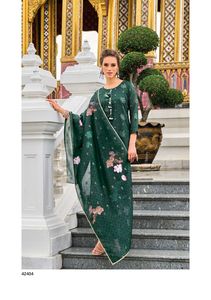 La colección de estampado de organza viscosa de lujo pakistaní indio de tres piezas incluye pantalón de muselina de seda pura Dupatta Sequence Work Kurti - Product Image 4
