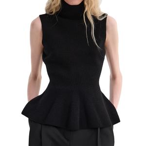 Débardeur décontracté sans manches en maille de laine et cachemire respirant à col montant et volants courts, nouveau design pour femme - Product Image 5