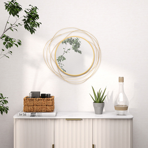 HOMCOM Modern Round <strong>Decorative</strong> Wall <strong>Mirror</strong> <strong>with</strong> <strong>Hooks</strong>, Glass and Metal, &Oslash;65x1 cm, Gold - Product Image 2