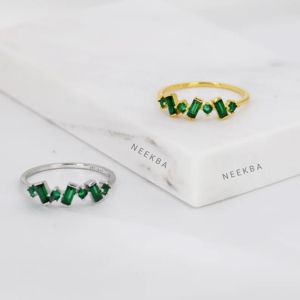 Emerald Green Baguette Ring Cluster Daily Wear Ring in 10K Solid Gold Handcrafted Delicate Statement Ring - Product Image 1