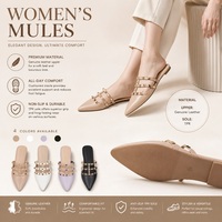 Mules plates en cuir PU pour femmes, à bout pointu, avec lanières cloutées dorées, semelle antidérapante en TPR, sandales d'été pour femmes, vente en gros