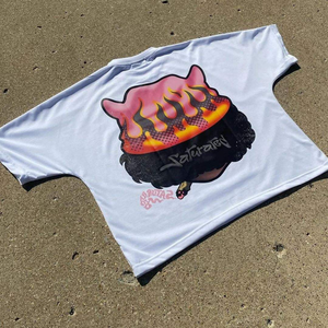 เสื้อยืดโอเวอร์ไซส์ผ้าฝ้าย 100% ระบายอากาศได้ดี แขนสั้นสองชั้น ทรงครอป ลวดลายพิมพ์แบบดิสเทรส สไตล์ย้อมสีแบบแอซิดวอช - Product Image 2