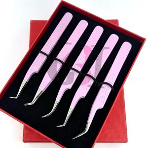 Pinzas Profesionales de Acero Inoxidable para Extensión de Pestañas, Diferentes Estilos, Recubrimiento en Polvo Color Morado Claro, Diseño de Mariposa, Punta Plateada - Product Image 1