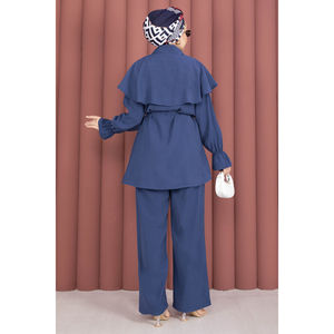 Ensemble Tunique et Pantalon en Crêpe Boutonné Style Cape Bleu Marine, Motif Uni Tricoté, Taille Unique (XS) pour Printemps/Été Automne - Product Image 5