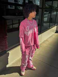 Conjunto de sudadera y Jogger de manga larga de doble capa con serigrafía cuadrada de algodón vintage personalizado - Product Image 3