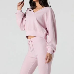 Sweat-shirt en molleton délavé à col en V et manches longues pour femme, 100 % coton, style vintage automne/hiver, vente en gros OEM - Product Image 6