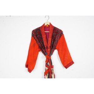 Indian Patchwork <b>Silk</b> <b>Kimono</b> Robe Home Hotel Floral Daily Nonwoven <b>Silk</b> Lounge Wear Thermal Three-Quarter Vacation Night Wear - Product Image 2
