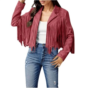 <b>Women</b> Boyfriend Cropped <b>Jackets</b> <b>Suede</b> Fringe Long Sleeve Slim Faux <b>Suede</b> Leather <b>Jacket</b> Cowboy Style Long Sleeve Tassels Coats - Product Image 1
