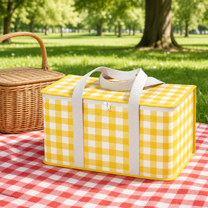Bolsa de picnic aislada de tela a cuadros amarilla y blanca, bolsa térmica de gran capacidad para acampar en la playa - Product Image 2