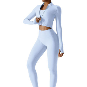 Ensemble de yoga 3 pièces pour femmes, dernier design, haute qualité, devant uni, taille élastique, 100% coton, respirant, léger, vente en gros - Product Image 1