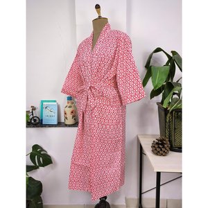 Robe d'été bohème en coton imprimé à la main, kimono luxueux et léger, motif abstrait rose et blanc, robe de maison indienne - Product Image 5
