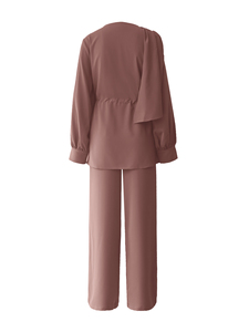 Conjunto de 2 Piezas para Mujer, Color Sólido, Casual, Antiarrugas, Minimalista, Diseño Asimétrico con Tela Drapeada, Top Marrón a Media Pantorrilla + Pantalones - Product Image 4