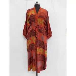 Soft Crepe Silk Fabric Kimono Robe Handmade Floral Print Silk Kimono Shower Robe For Women