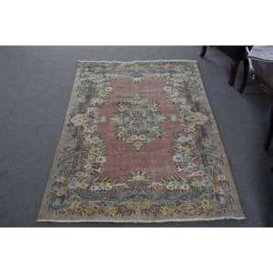 Tapis traditionnel en laine rose vert fait à la main 4.1X7.2 pieds Rectangle Patchwork Design pour vivre Latex nouveaux tapis de chevet tapis turcs - Product Image 1