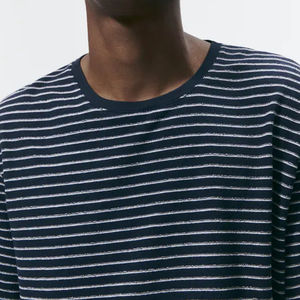 Venta al por mayor de gran tamaño Unisex 100% algodón camiseta transpirable cuello redondo tejido manga corta rayas patrón verano camiseta DTF DTG - Product Image 4