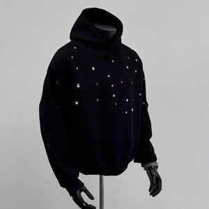 Sweat à capuche court unisexe de luxe de haute qualité délavé à l'acide noir avec strass en détresse Streetwear pour hommes femmes en saison d'automne - Product Image 1