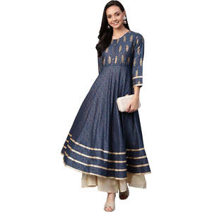Blusa y camisa con estampado de rayón Anarkali Kurta cobre y oro para mujer - Product Image 5