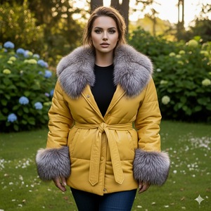 Chaqueta de Cuero Genuino Amarillo con Cremallera y Estampado a Cuadros para Mujer, con Cuello de Piel de Zorro, Ropa de Calle de Invierno - Product Image 2