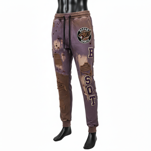 Pantalon de jogging pour homme en molleton épais, tissu bicolore teint avec des panneaux en chenille et un logo personnalisé brodé, pantalon pour homme lavé - Product Image 1