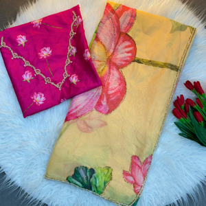 Saree au look riche imprimé de fleurs en organza doux avec coupe dana & moti travail à la main sur la bordure parfait pour les adultes en toutes occasions - Product Image 1