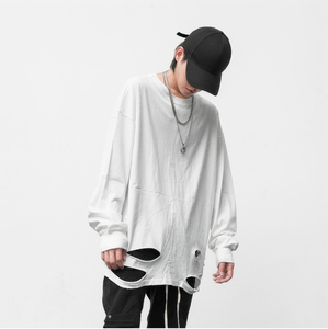 Haut personnalisé lavé Vintage blanc t-shirt uni coton déchiré trou t-shirts grande taille haute qualité goutte épaule T-shirt pour hommes - Product Image 5