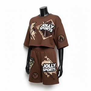 Conjunto corto de algodón y poliéster premium para mujer, con estampado gráfico, bordado y logo, 100% algodón, top corto y pantalones cortos. - Product Image 4