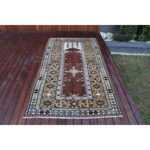 Vintage 4.1x7.5 ft Rug, Area Turkish Rug, <b>Brown</b> White Floral <b>Wool</b> Rug - Product Image 1